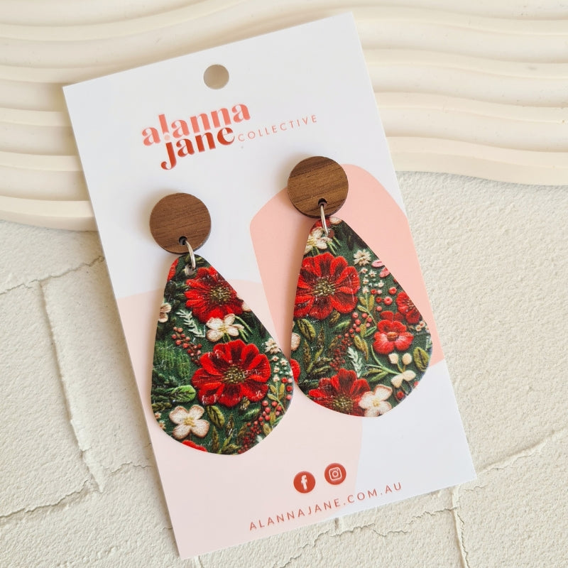 Christmas Floral Cork Dangles with Timber Studs