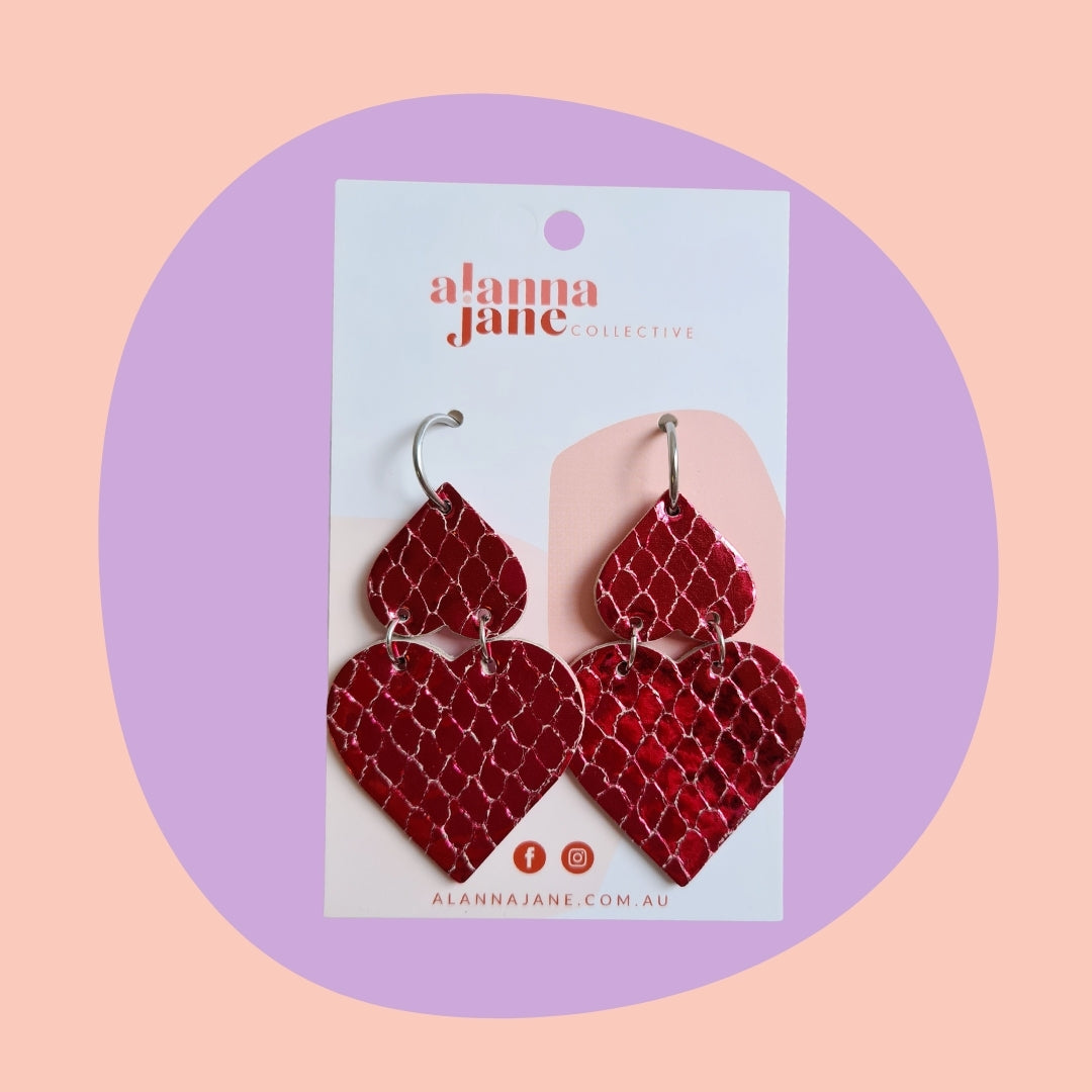 Double Heart Earrings in Red