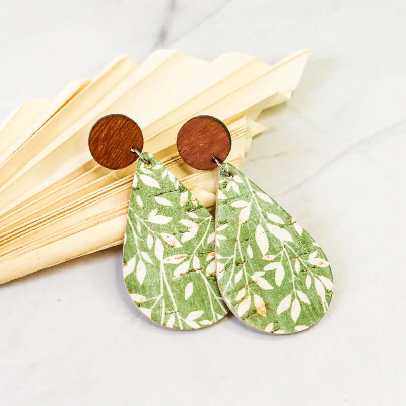 Large Teardrop Cork Earrings Green Leaf