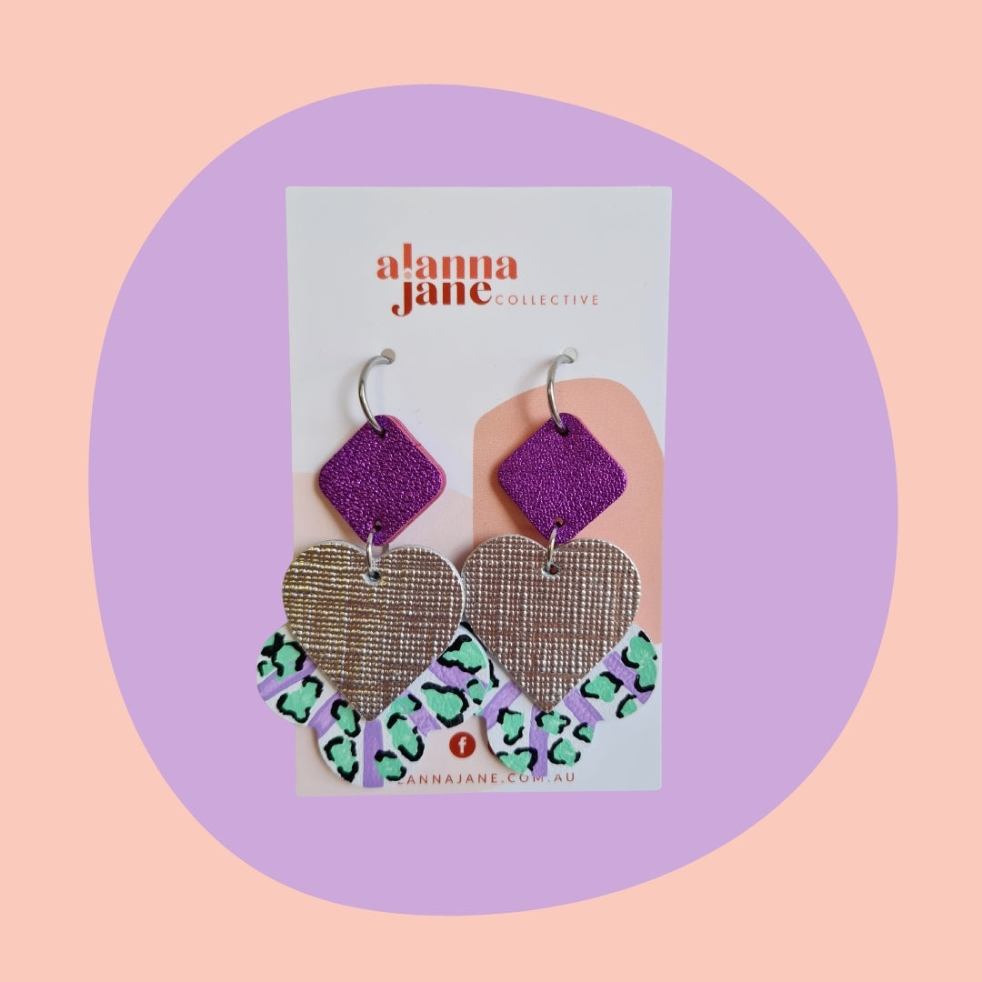 Mint and Purple Leopard Statement Earrings