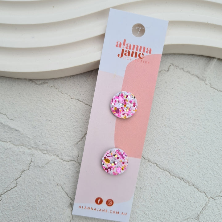 Circle Studs in Pink Glitter - Small
