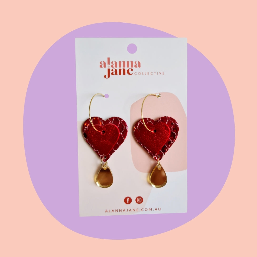 Red and Gold Layered Heart Earrings