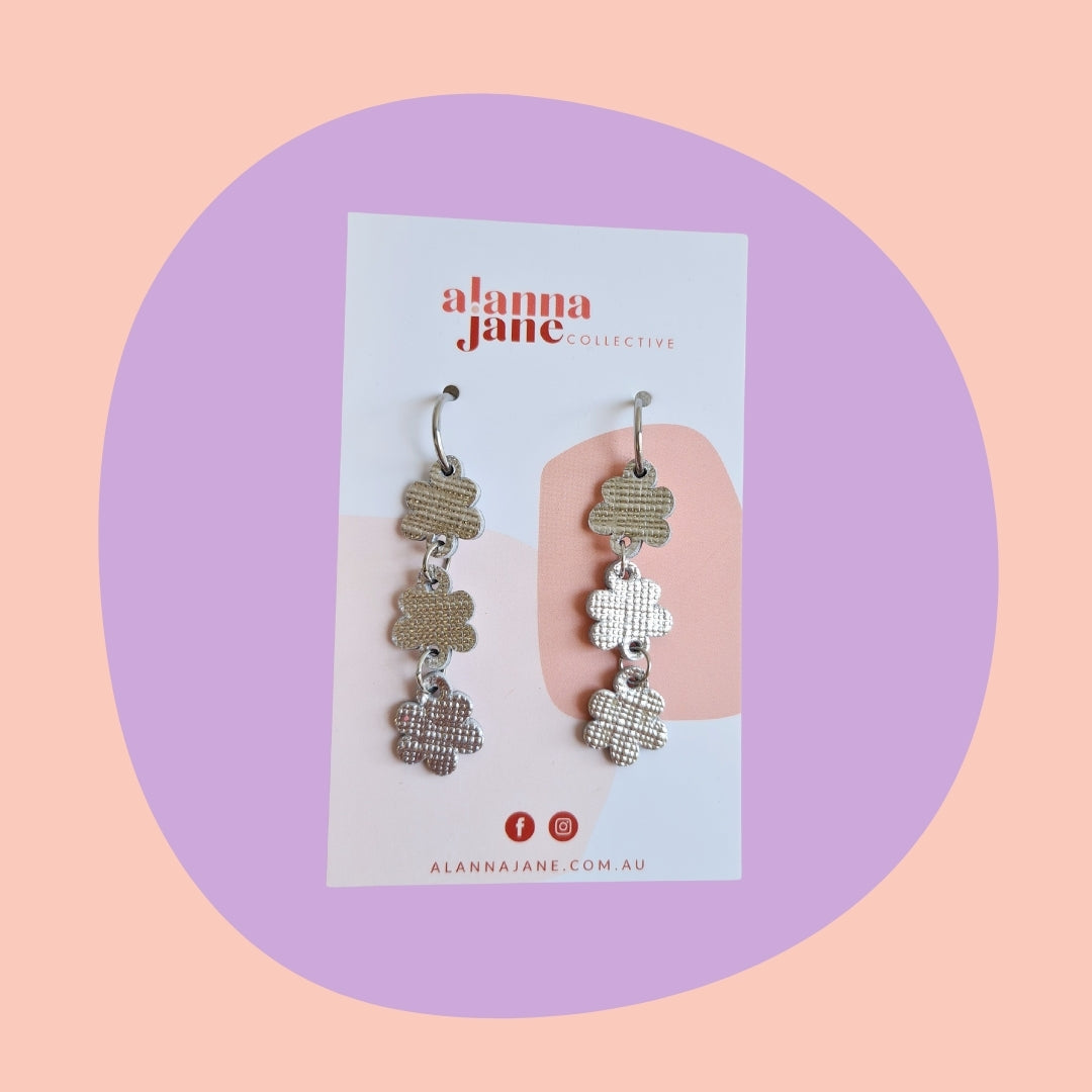 Silver Flower Leather Dangle Earrings