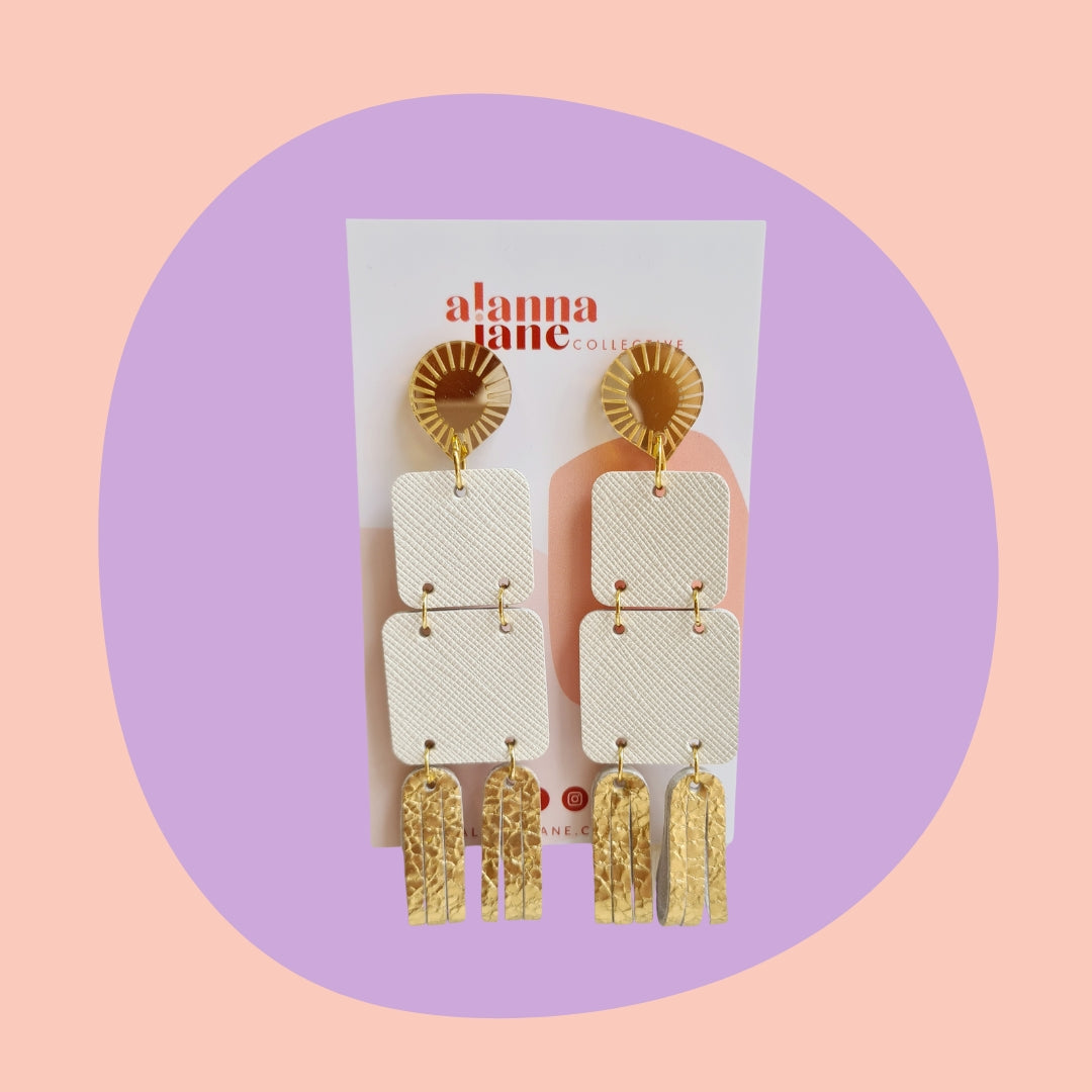 White and Gold Statement Leather Earrings