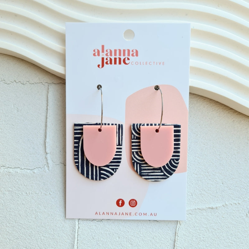 Alia Cork and Acrylic Layered Earrings - Pink and Black