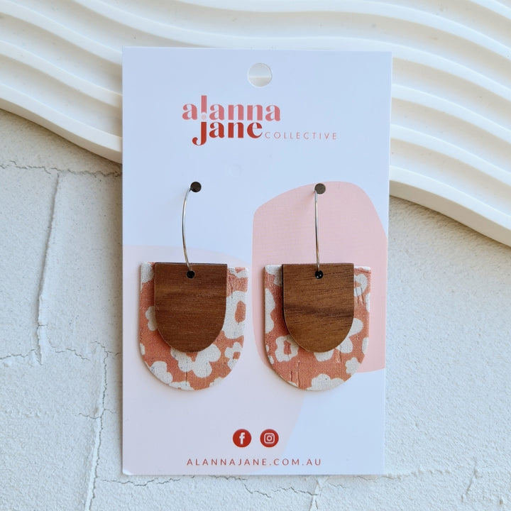 Alia Cork and Timber Layered Earrings - Earthy Floral