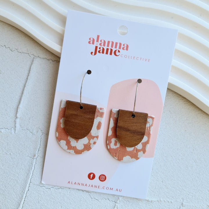 Alia Cork and Timber Layered Earrings - Earthy Floral