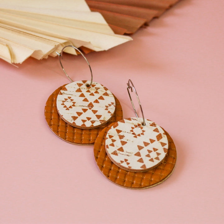 Large Aztec Cork and Leather Hoop Earrings