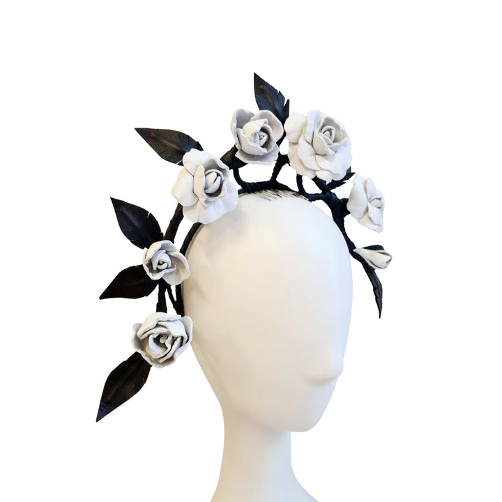 Black and White Leather Rose Vine Headpiece