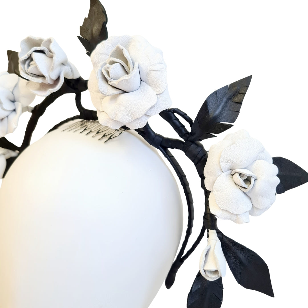 Black and White Leather Rose Vine Headpiece