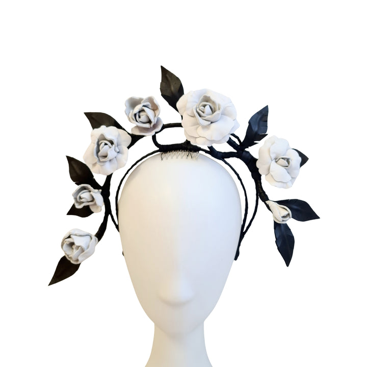 Black and White Leather Rose Vine Headpiece
