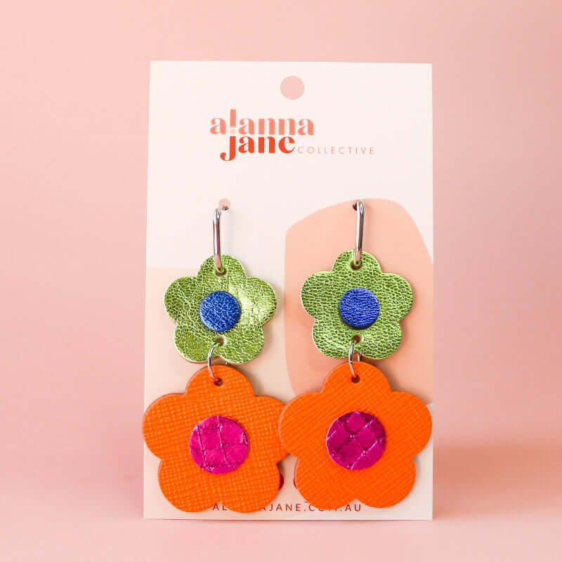 Blair Flower Leather Earrings Orange and Green