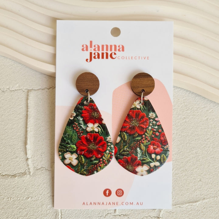 Christmas Floral Cork Dangles with Timber Studs