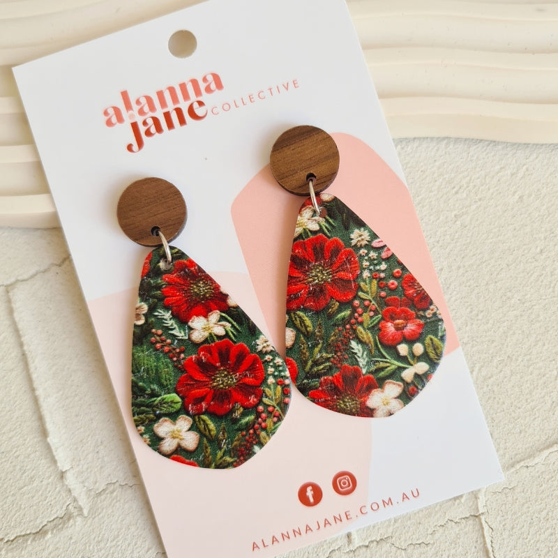 Christmas Floral Cork Dangles with Timber Studs