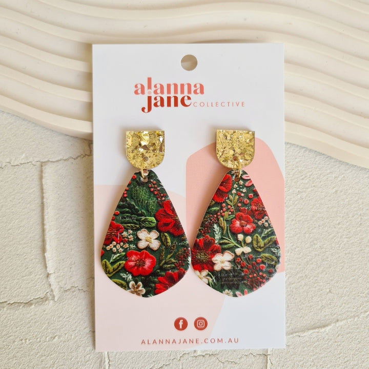 Christmas Floral Cork Dangles with Gold Glitter Studs