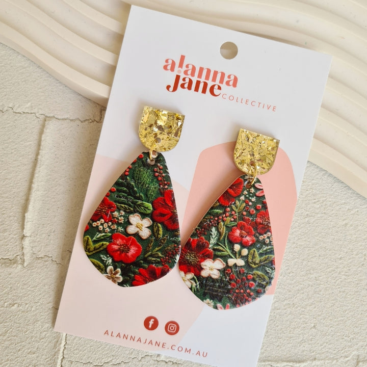 Christmas Floral Cork Dangles with Gold Glitter Studs