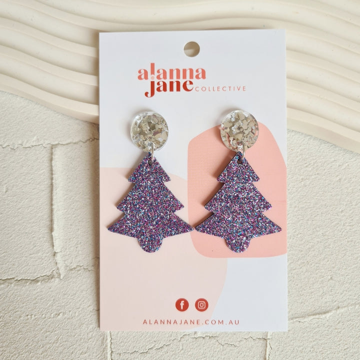 Christmas Tree Leather Earrings in Multi Glitter