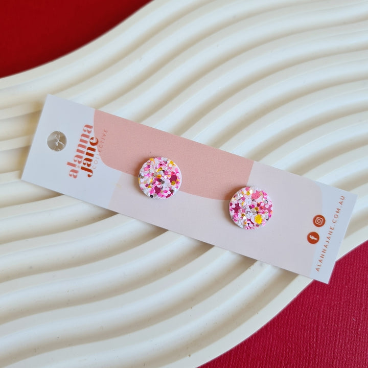 Circle Studs in Pink Glitter - Small