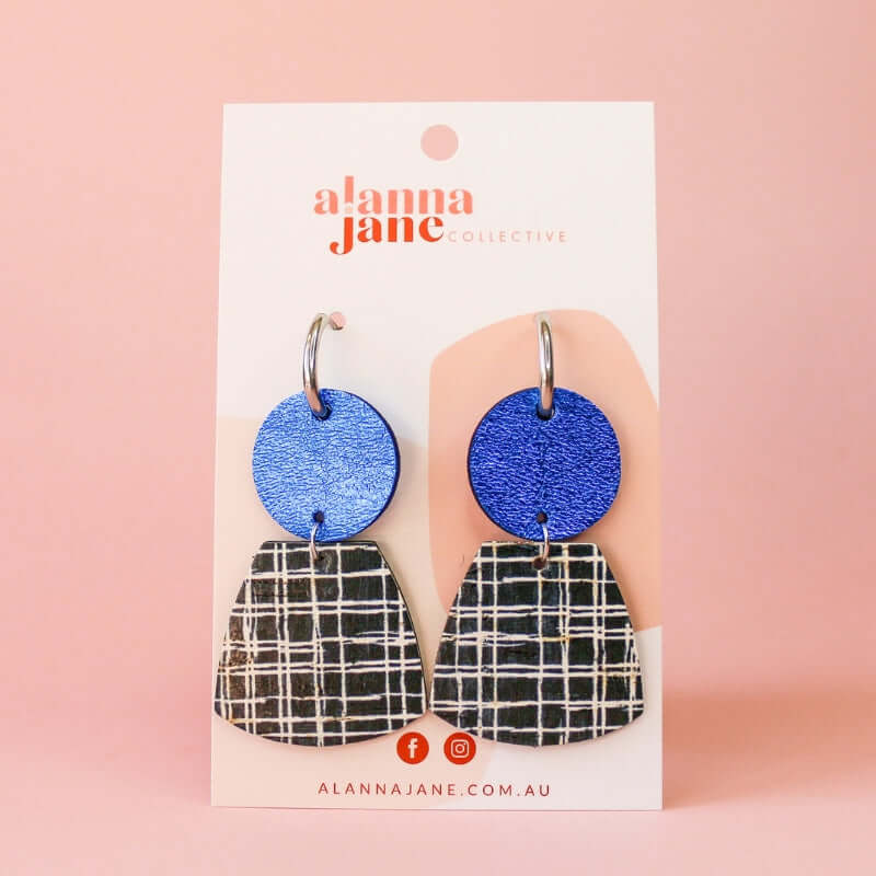 Eden Leather and Cork Earrings in Blue and Black Grid