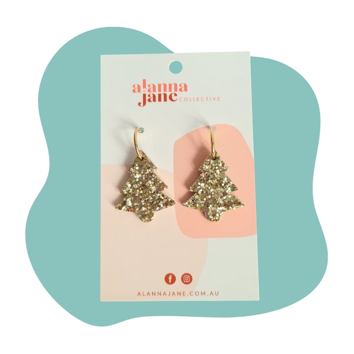 Gold Glitter Leather Midi Christmas Tree Earrings