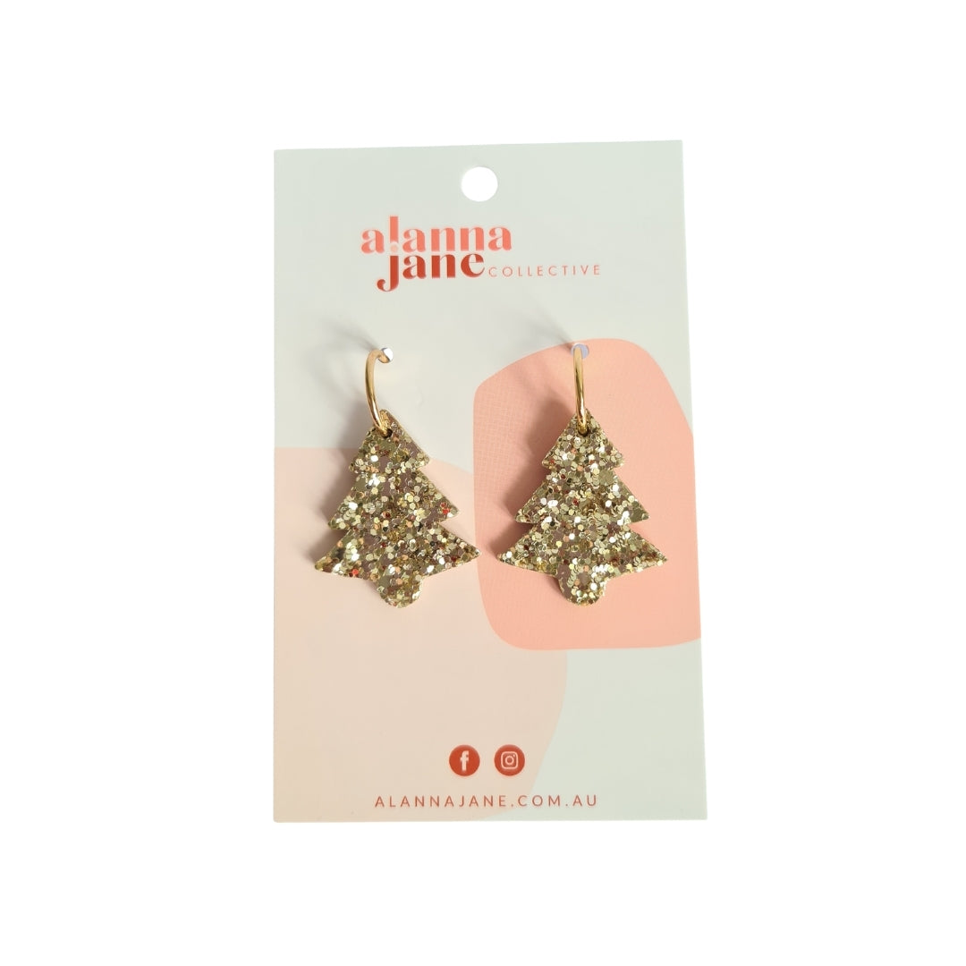 Gold Glitter Leather Midi Christmas Tree Earrings