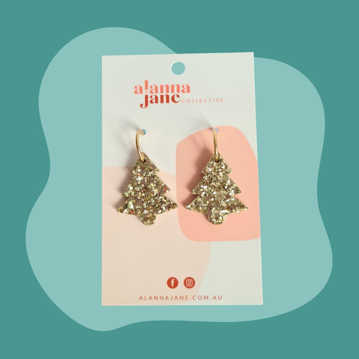 Gold Glitter Leather Midi Christmas Tree Earrings