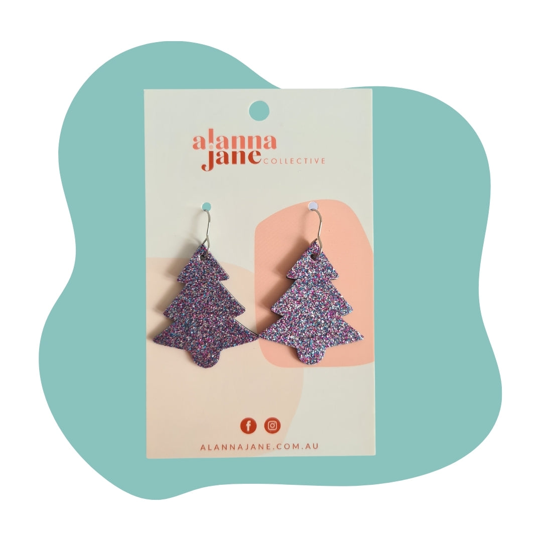 Multi Glitter Leather Large Christmas Tree Earrings