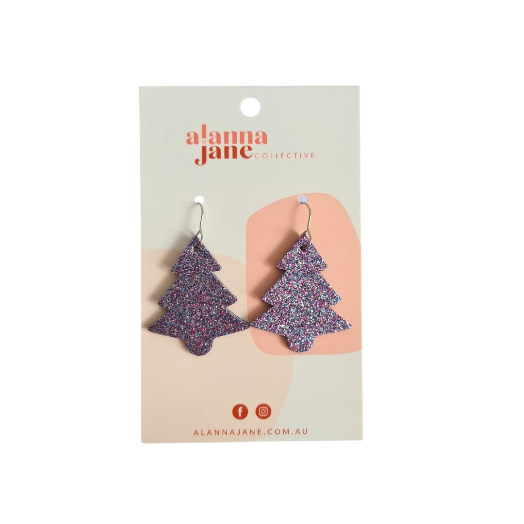 Multi Glitter Leather Large Christmas Tree Earrings