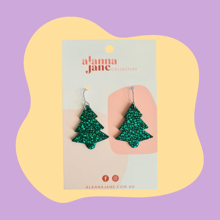 Green Midi Leather Christmas Tree Earrings