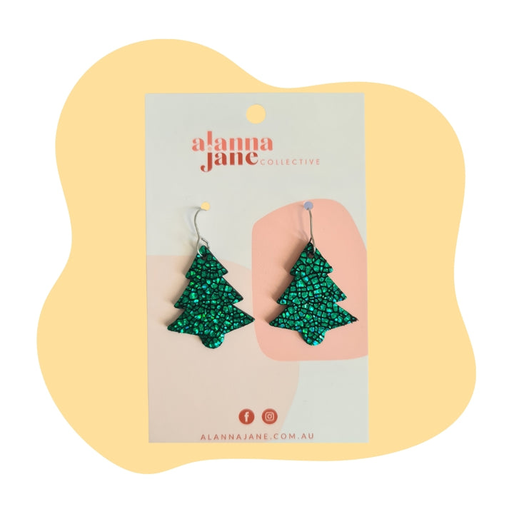 Green Midi Leather Christmas Tree Earrings