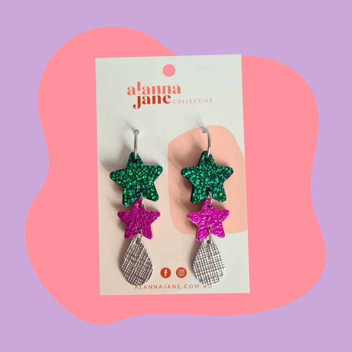 Green and Pink Star Dangle Earrings