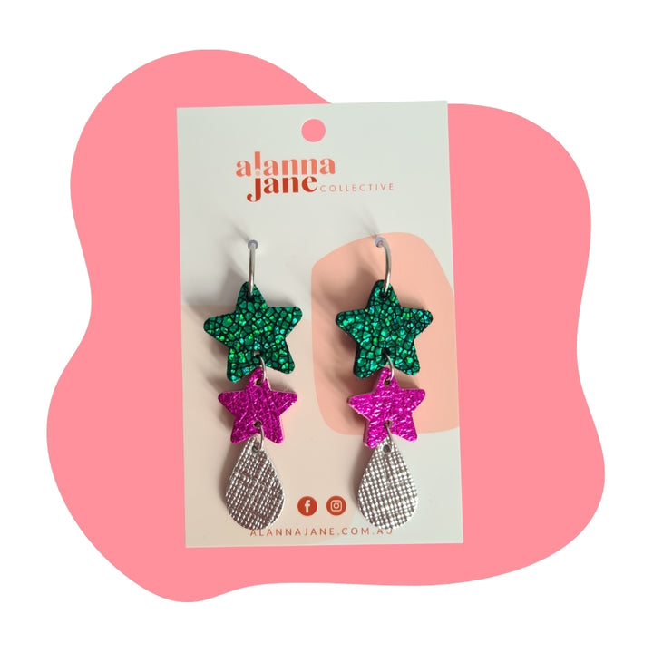 Green and Pink Star Dangle Earrings