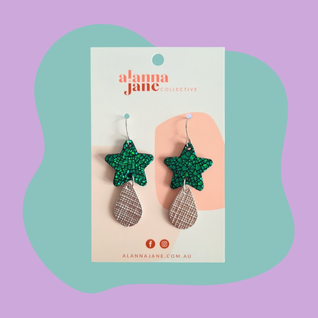 Green and Silver Star Leather Earrings