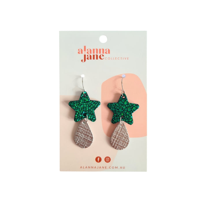 Green and Silver Star Leather Earrings