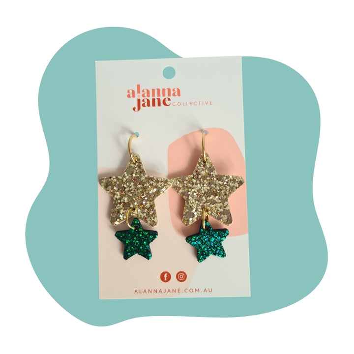 Gold and Green Glitter and Metallic Star Earrings