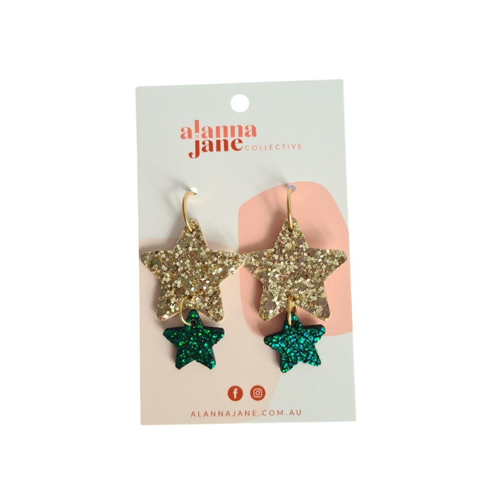 Gold and Green Glitter and Metallic Star Earrings