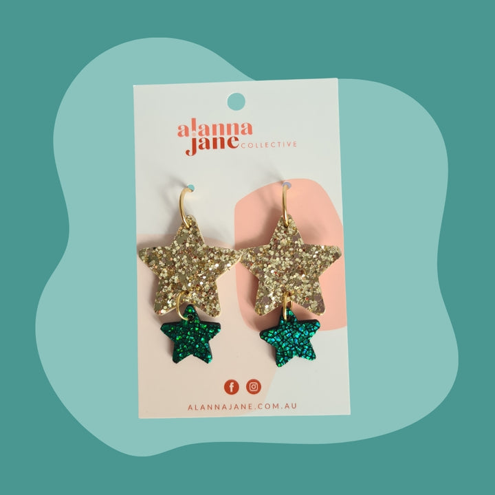 Gold and Green Glitter and Metallic Star Earrings
