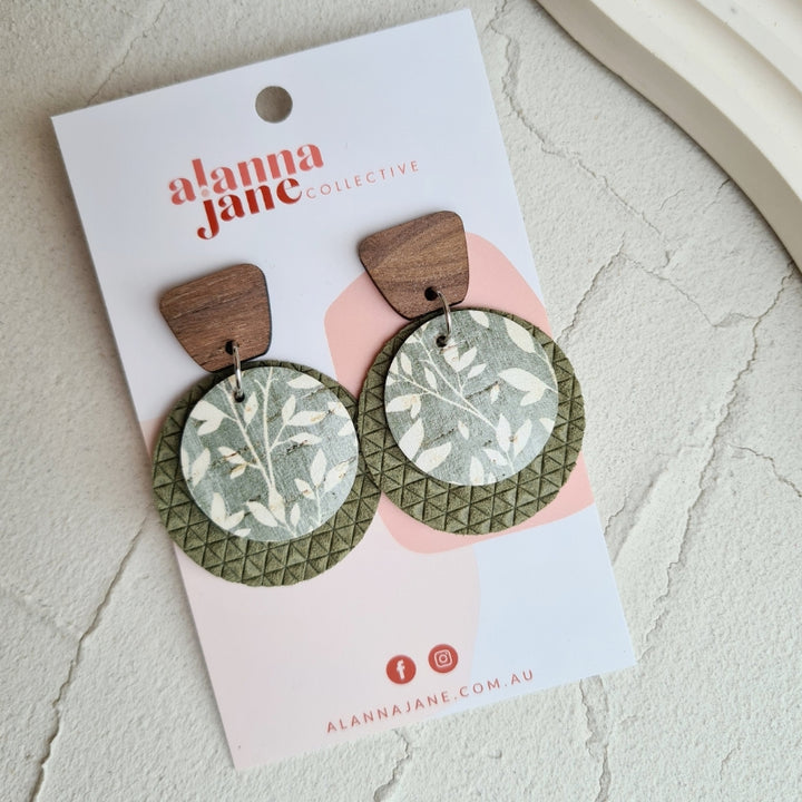 Layered Circle Cork and Leather Earrings - Green