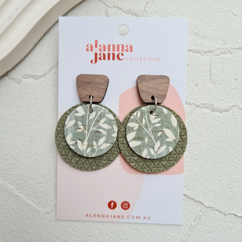 Layered Circle Cork and Leather Earrings - Green
