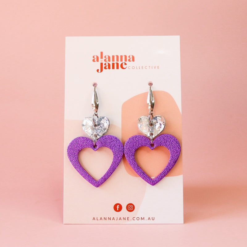 Margot Metallic Purple Leather Heart Earrings