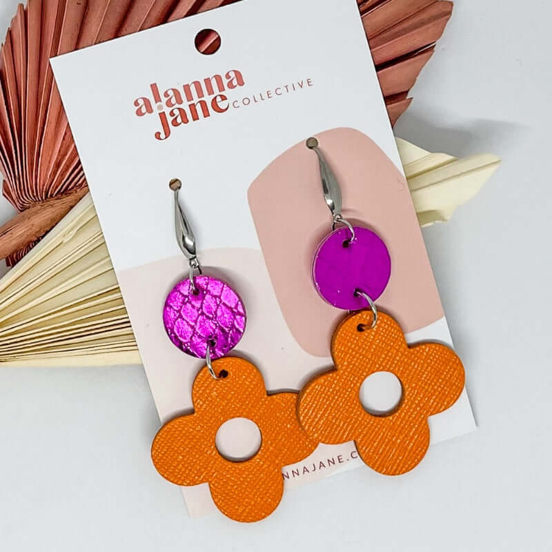 Mariposa Leather Flower Earrings - Orange