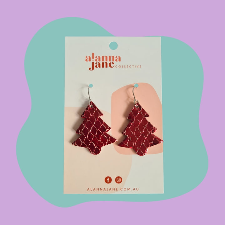 Large Metallic Red Christmas Tree Earrings