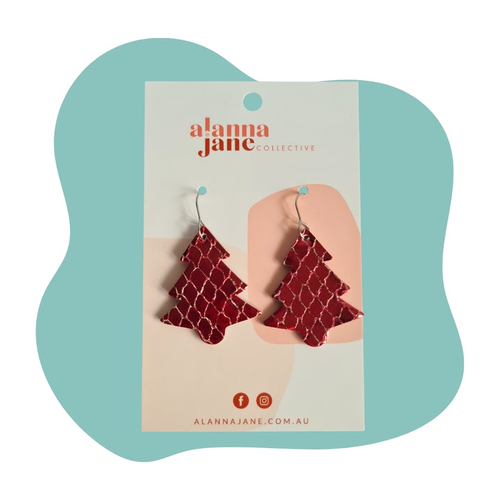 Large Metallic Red Christmas Tree Earrings