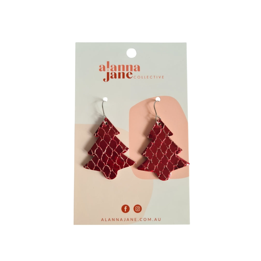 Large Metallic Red Christmas Tree Earrings