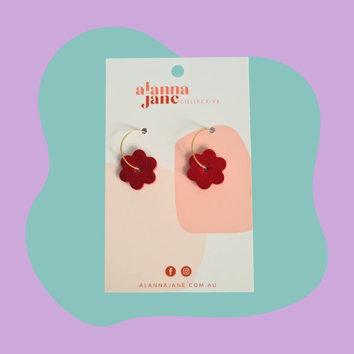 Metallic Red Leather Mini Flower Hoop Earrings