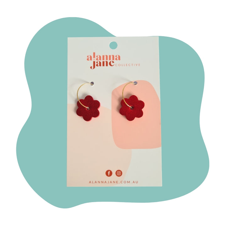 Metallic Red Leather Mini Flower Hoop Earrings