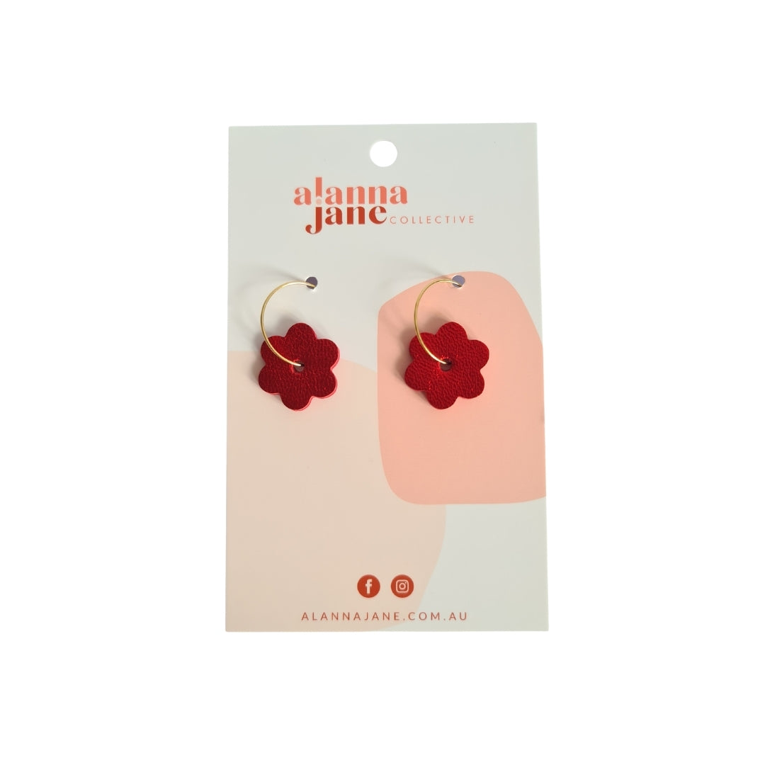 Metallic Red Leather Mini Flower Hoop Earrings