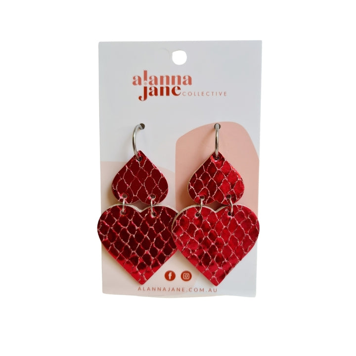 Double Heart Earrings in Red