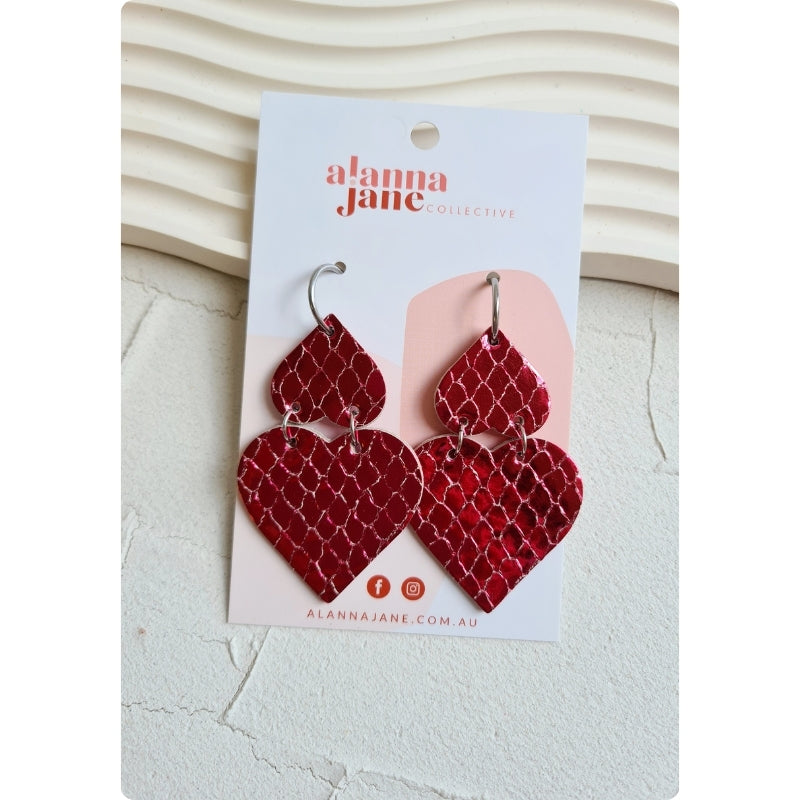 Double Heart Earrings in Red