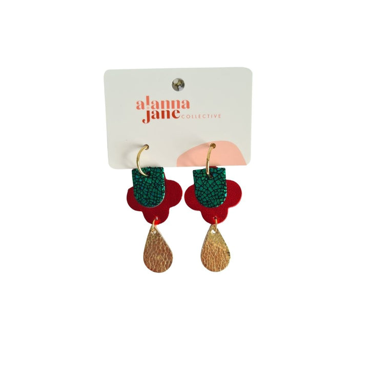 Red Green and Gold Dangle Earrings